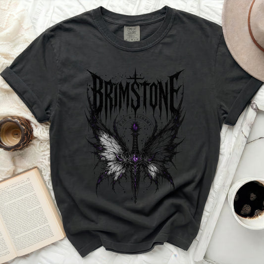 Dark t-shirt with Brimstone logo featuring wings and sword.