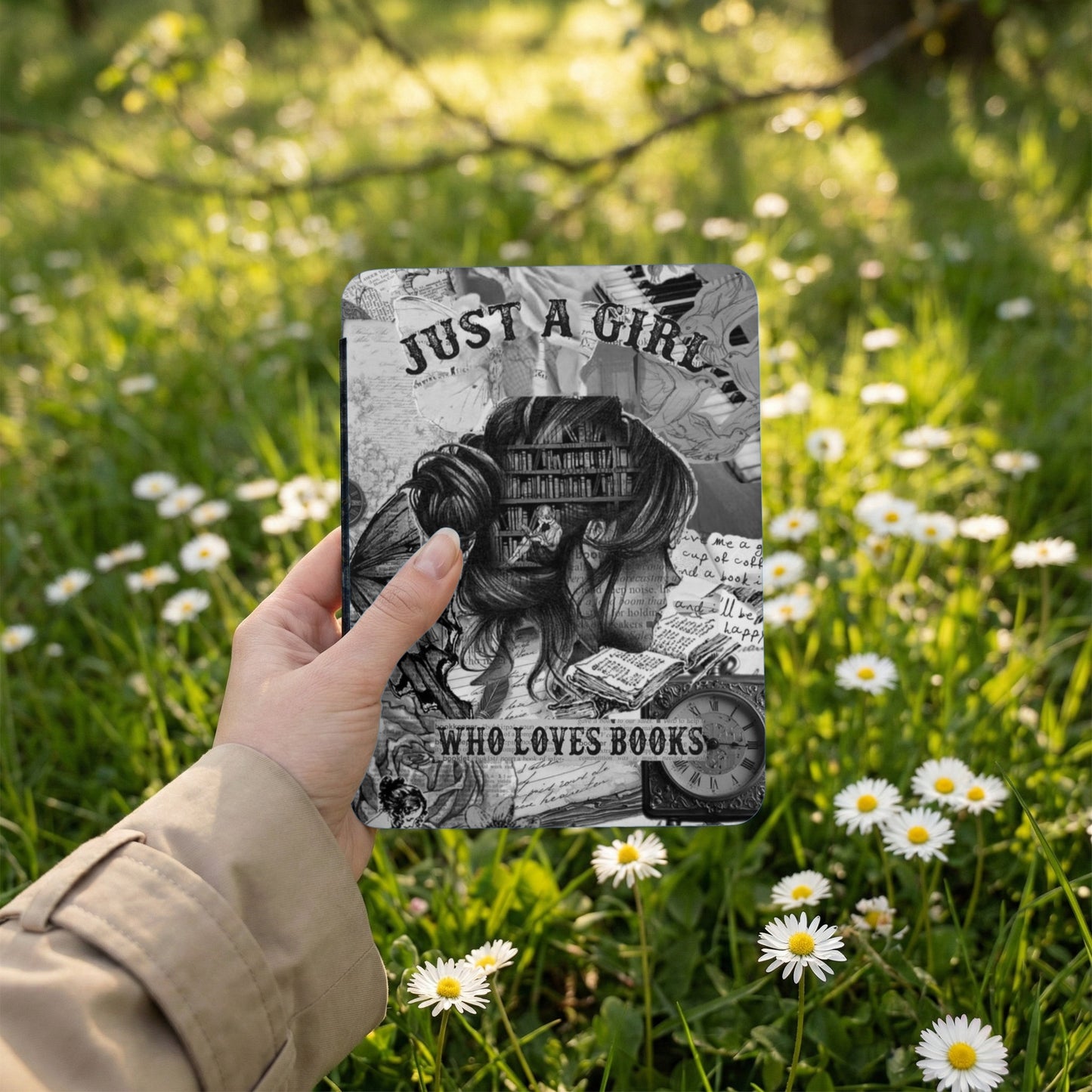 Collage design with "Just A Girl Who Loves Books" and vintage illustrations.