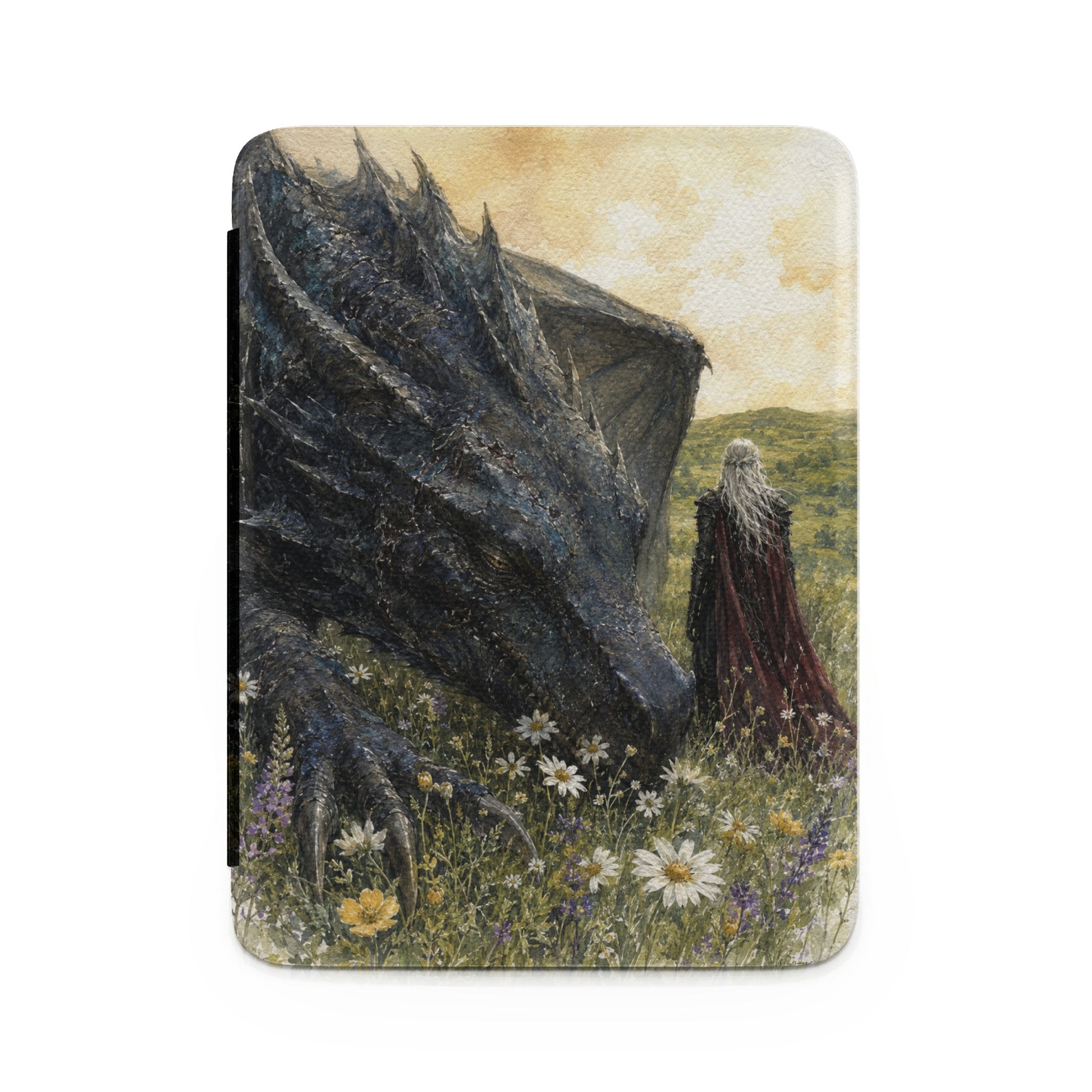 Dragon and person with white hair in a field of flowers, with hills in the background.