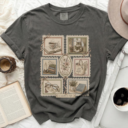 T-shirt with vintage book and tea cup framed illustrations and "a reader's life" text.
