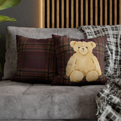 Decorative throw pillows with teddy bear and plaid design