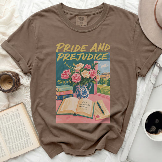 Comfort Colors t-shirt with Pride and Prejudice painting and bouquet.