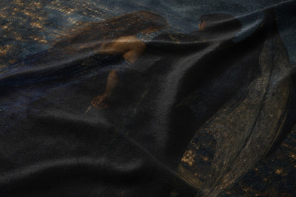 Painting of a woman and man in dark robes with celestial or starry background.