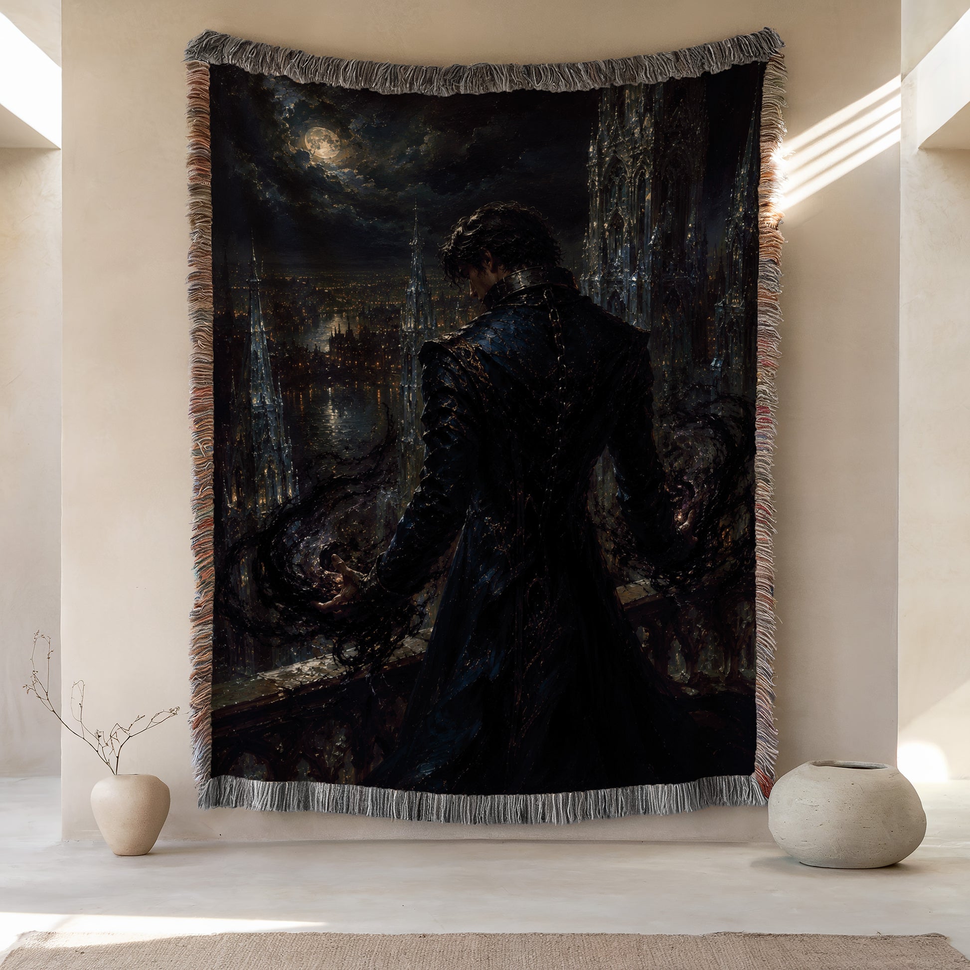 a large tapestry hanging on a wall, depicting a dark, mysterious scene with a figure in a long black coat standing in the foreground. There are two small vases placed on either side of the tapestry, and the overall color scheme is dark and moody.