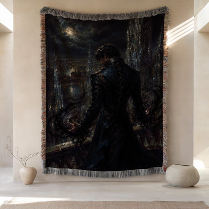 a large tapestry hanging on a wall, depicting a dark, mysterious scene with a figure in a long black coat standing in the foreground. There are two small vases placed on either side of the tapestry, and the overall color scheme is dark and moody.