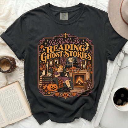 Black t-shirt with "I'd Rather Be Reading Ghost Stories" Halloween graphic.