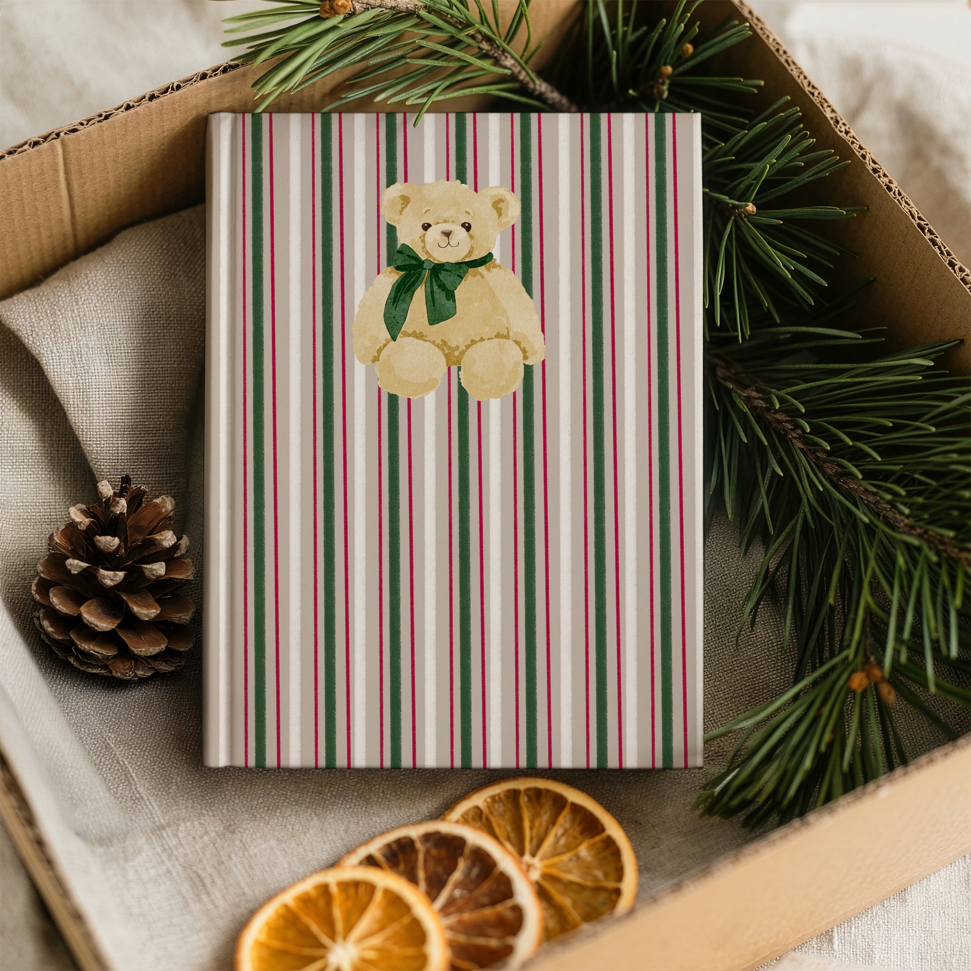 Festive Striped Bear Journal with Decorative Pinecones
