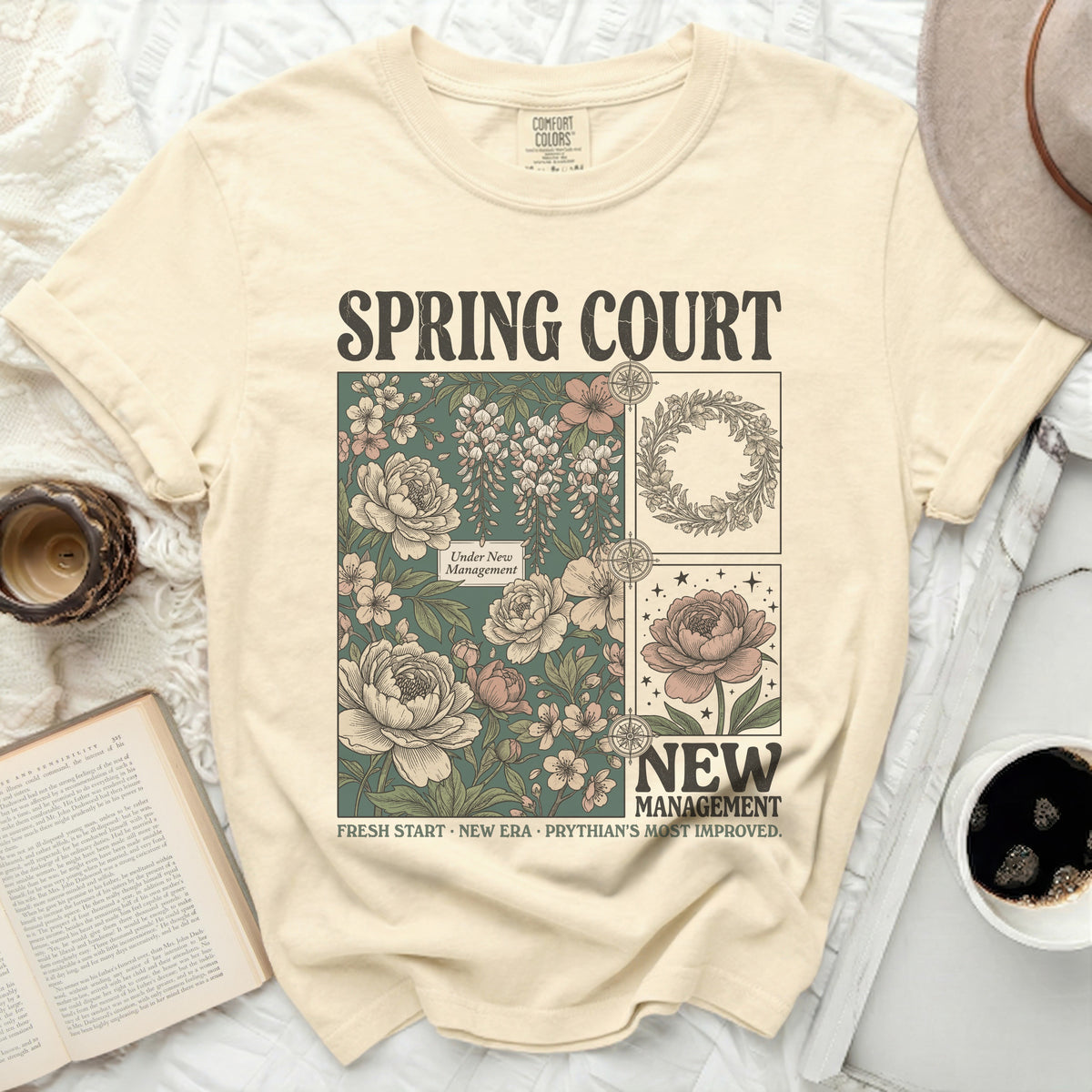 Spring Court graphic t-shirt with floral print and text.