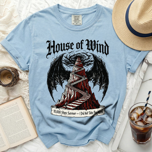 Light blue t-shirt with "House of Wind" and winding stairs graphic.