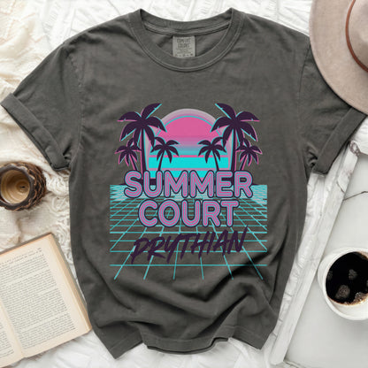 Gray t-shirt with "SUMMER COURT PRYTHIAN" text and retro palm trees.