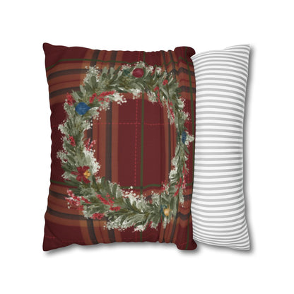 Festive Wreath Plaid and Stripes Reversible Pillow