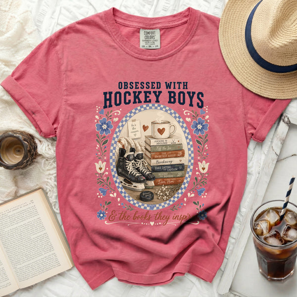 Obsessed With Hockey Boys & Books Tee in Crunchberry