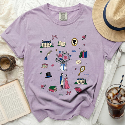 Lavender t-shirt with a Regency-era illustration print and literary motifs.