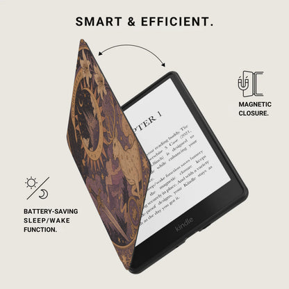 Kindle e-reader with a decorative cover featuring magnetic closure and battery-saving function.