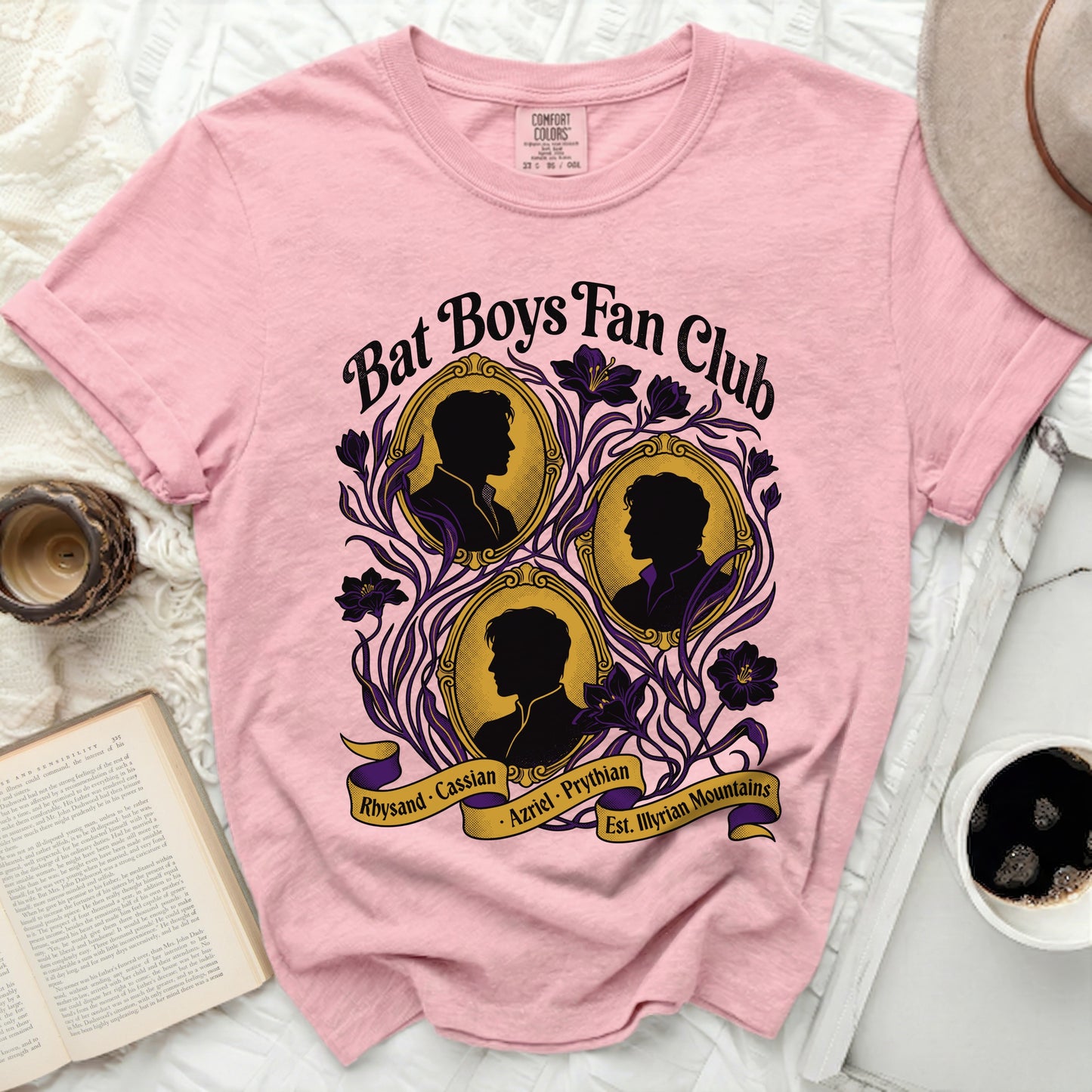 Pink t-shirt with "Bat Boys Fan Club" and silhouettes of three men.