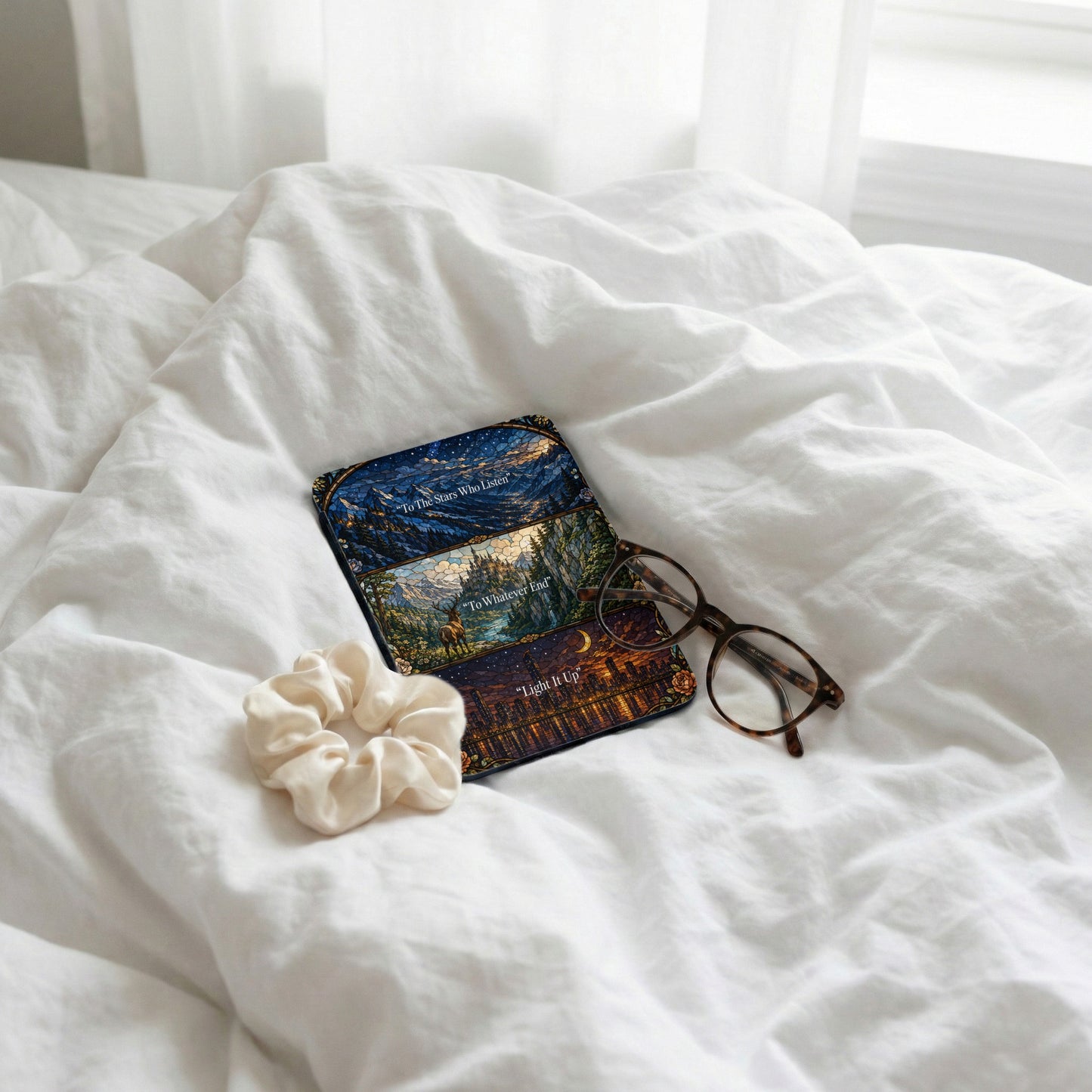 Three bookmarks with scenic art and quotes: "To The Stars Who Listen," "To Whatever End," and "Light It Up."