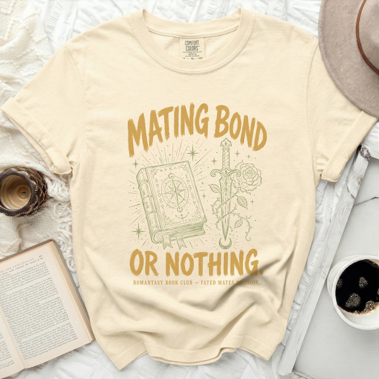 Cream t-shirt with "Mating Bond or Nothing" text and book illustration.