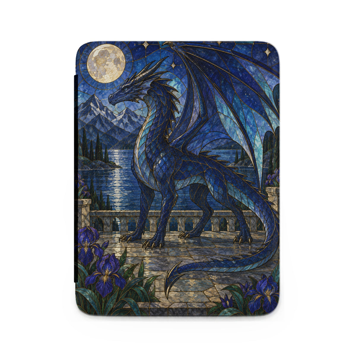 Stained glass dragon stands on a terrace with moonlit mountains and lake.