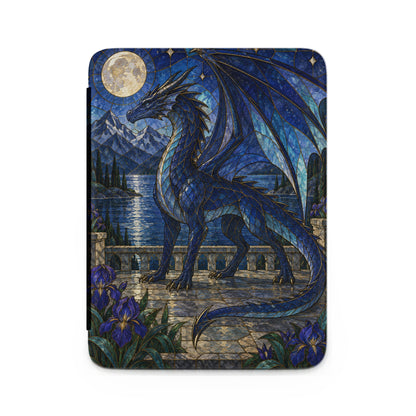 Stained glass dragon stands on a terrace with moonlit mountains and lake.