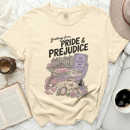 Cream t-shirt with "Pride & Prejudice" themed illustration.