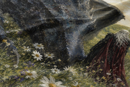 Dark-scaled dragon and robed figure with white hair in a field of flowers.