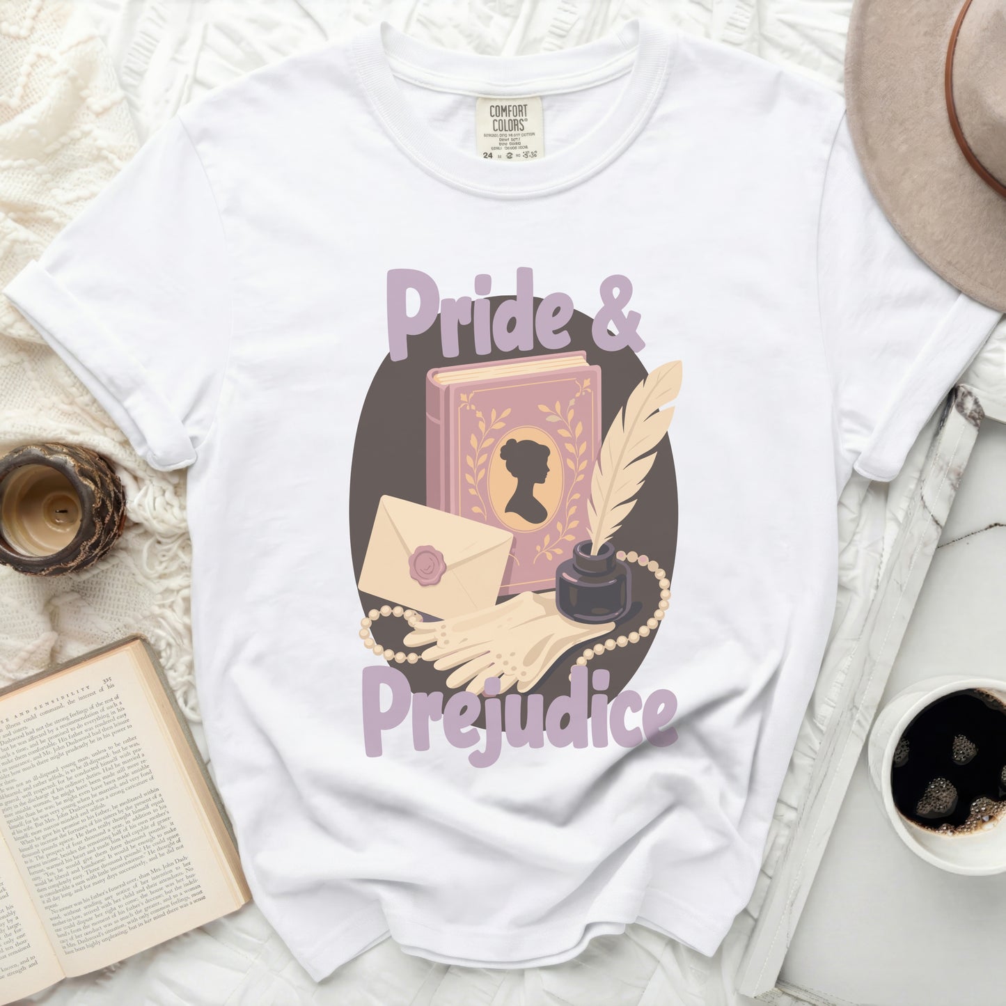 White t-shirt with "Pride & Prejudice" and book illustration.