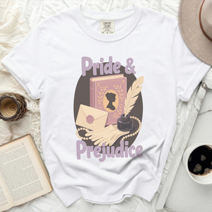 White t-shirt with "Pride & Prejudice" and book illustration.