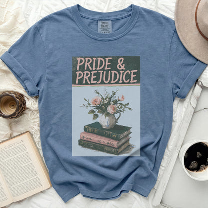 Blue t-shirt with "Pride & Prejudice" text and floral book design.