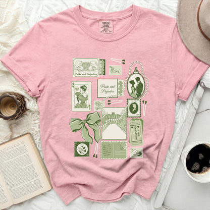 Pink t-shirt with vintage-style "Pride and Prejudice" motifs and text.