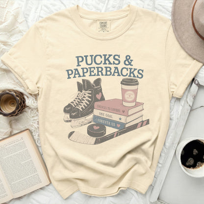 Comfort Colors t-shirt with books, skates, hockey stick, and coffee cup graphic.