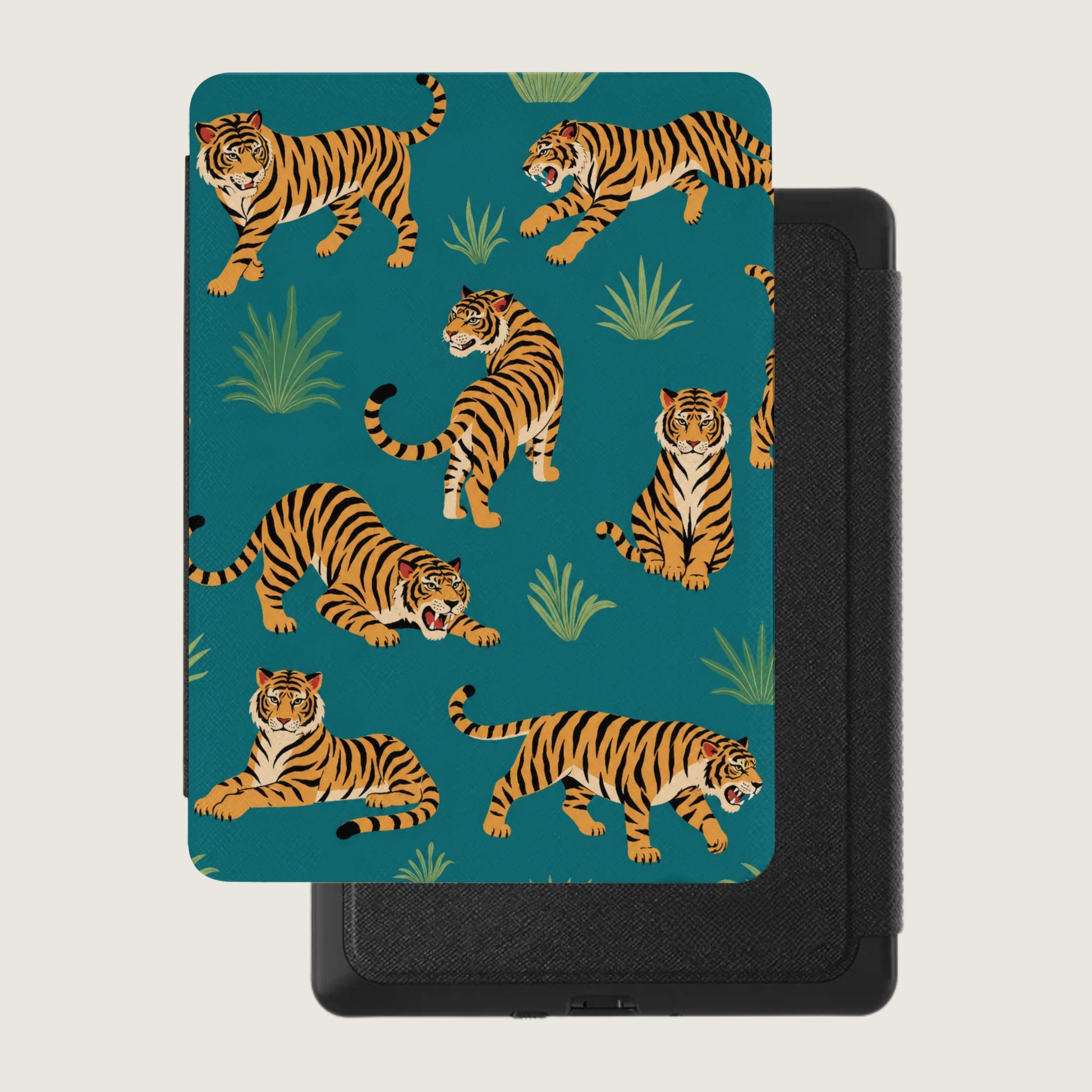 Teal case with repeating pattern of tigers and green foliage, on a black border.