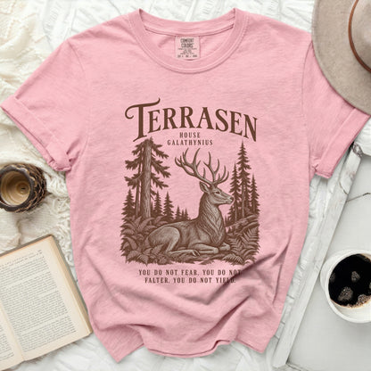 Pink t-shirt with Terrasen House Galathynius logo, deer, and quote.