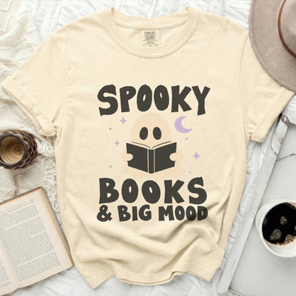 Cream t-shirt with "Spooky Books & Big Mood" text and ghost graphic.