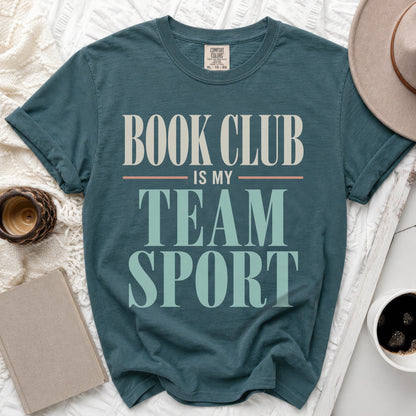 Teal t-shirt with "Book Club is my Team Sport" graphic, XL size.