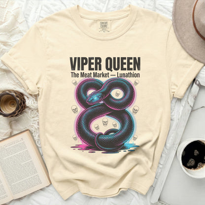 Cream t-shirt with black viper, skulls, and "Viper Queen The Meat Market - Lunathion" text.