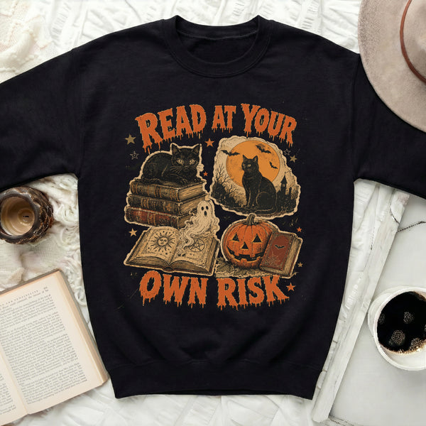 Read At Your Own Risk Halloween Sweatshirt in Black
