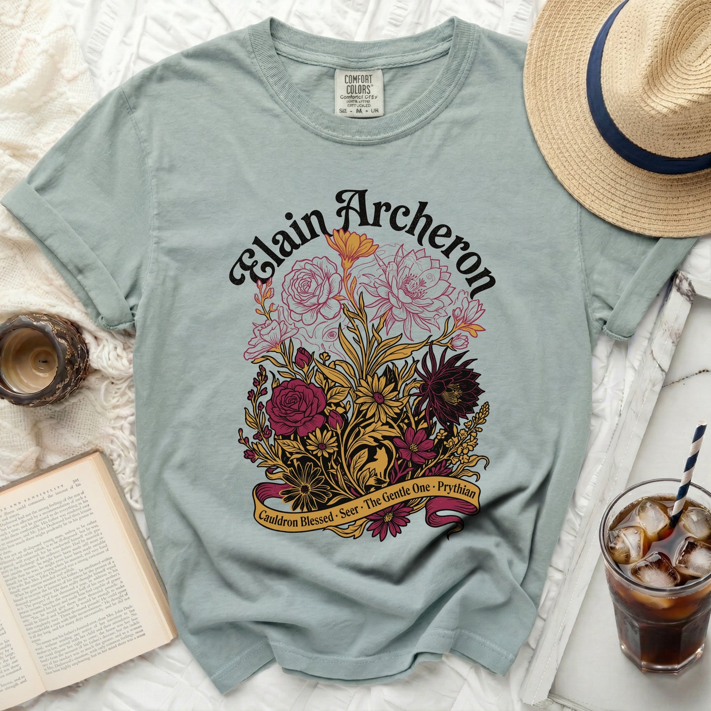 Elain Archeron t-shirt with floral design and text "Cauldron Blessed Seer The Gentle One Prythian".