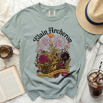 Elain Archeron t-shirt with floral design and text "Cauldron Blessed Seer The Gentle One Prythian".