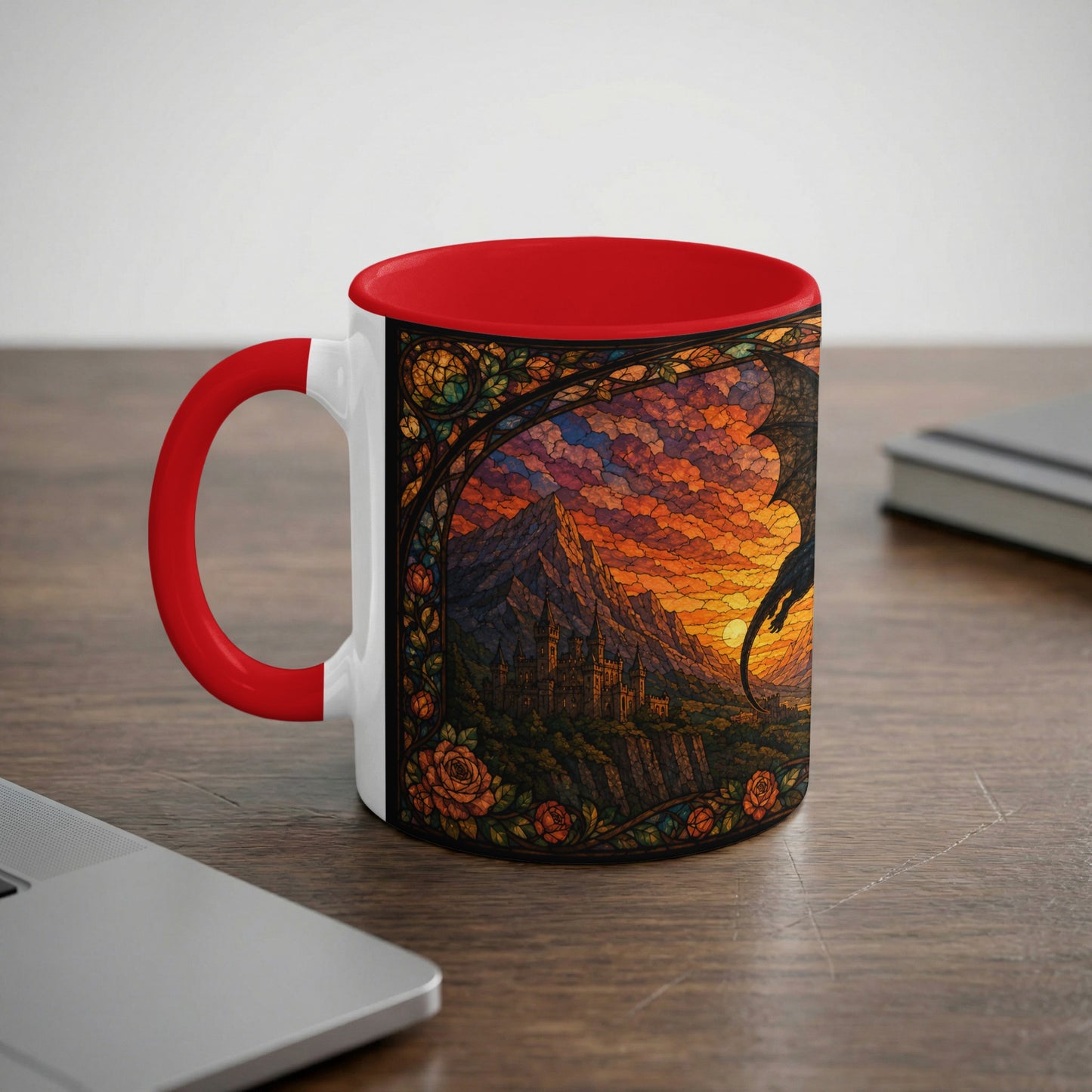 Mug with stained glass art of a dragon flying over castle ruins at sunset