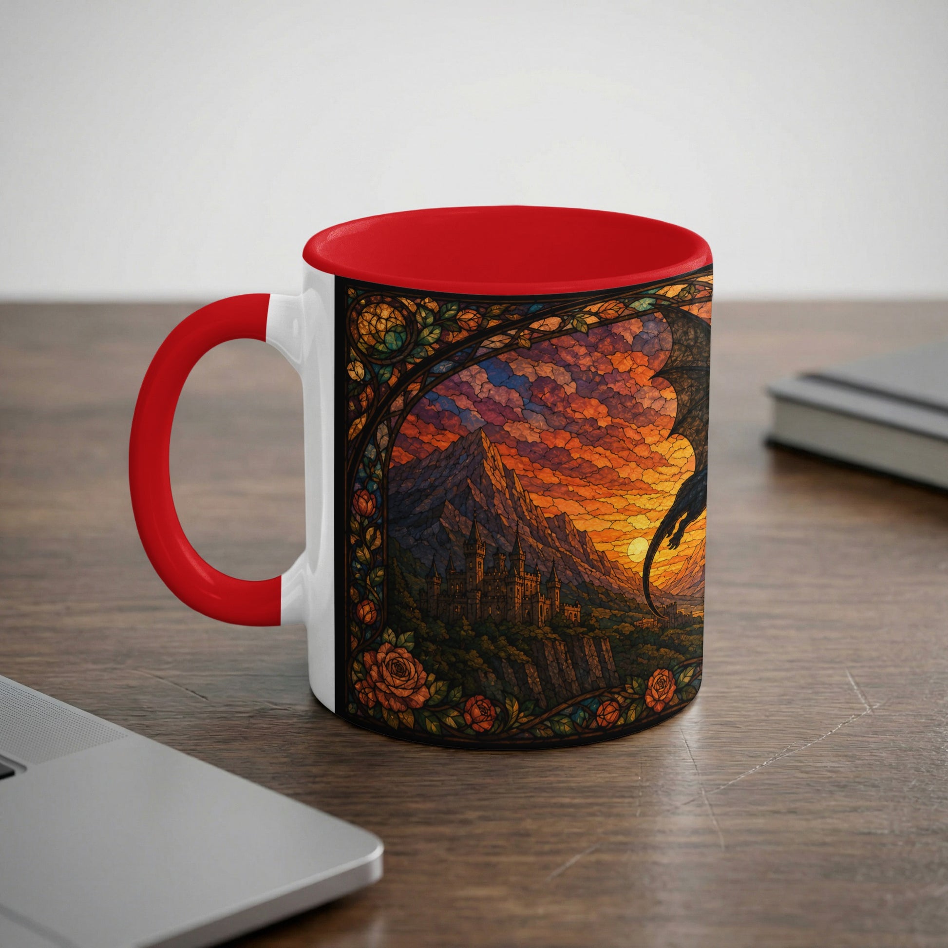 Mug with stained glass art of a dragon flying over castle ruins at sunset