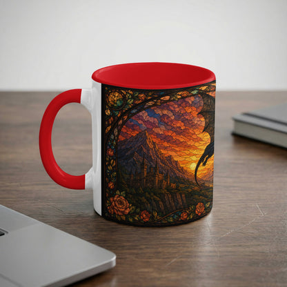 Mug with stained glass art of a dragon flying over castle ruins at sunset