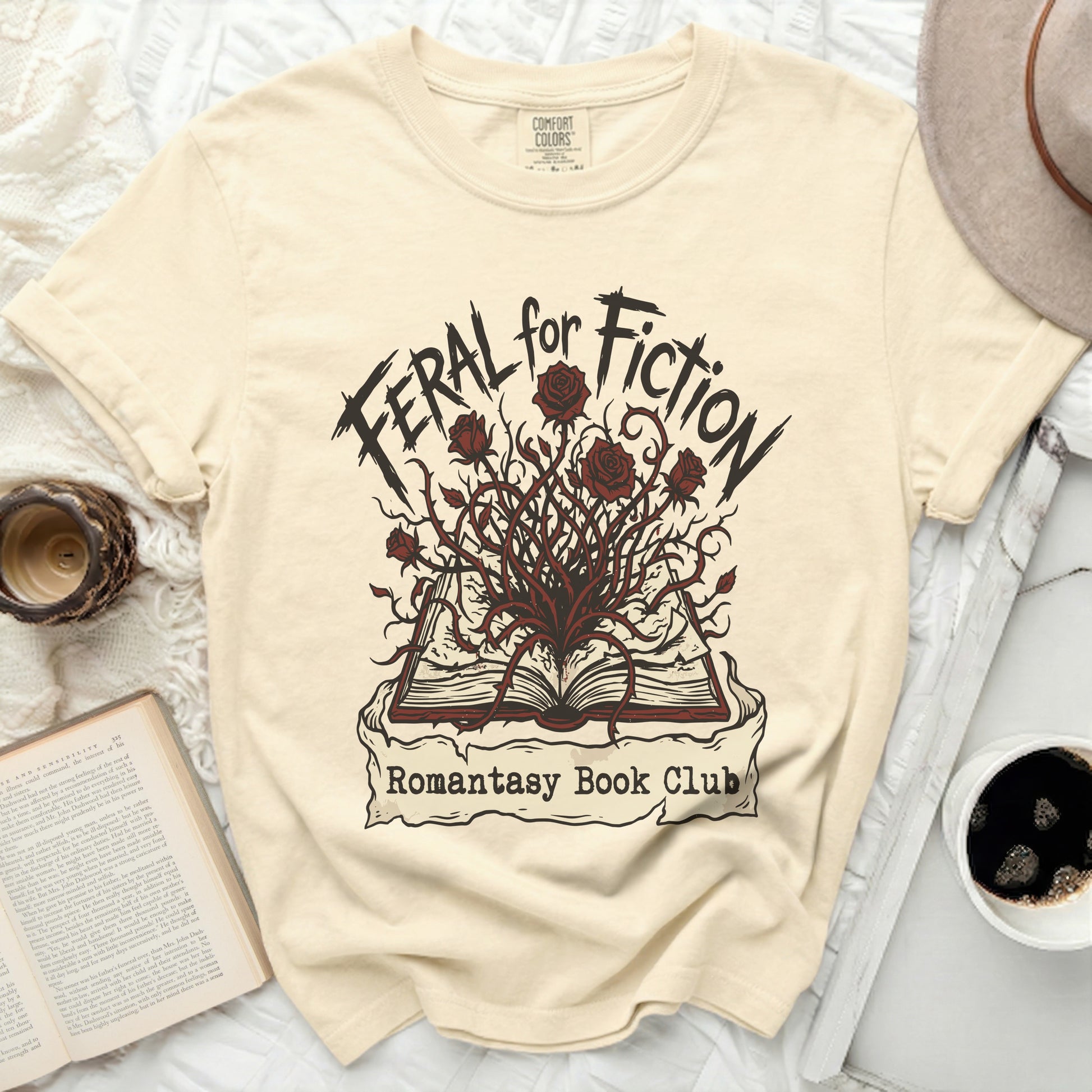Feral for Fiction Romantasy Book Club graphic tee.