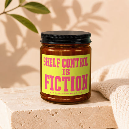 Amber glass jar with black lid and a neon yellow label reading "SHELF CONTROL IS FICTION".