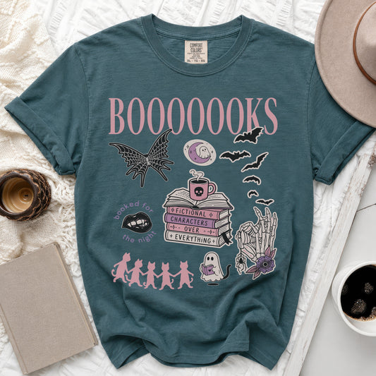 Teal t-shirt with "BOOOOOOKS" text and spooky-themed book illustrations.