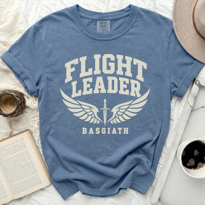 Blue t-shirt with "Flight Leader Basgiath" text and winged sword graphic.