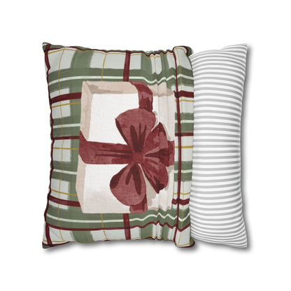 Festive Plaid Pillow with Gift Box and Bow Design