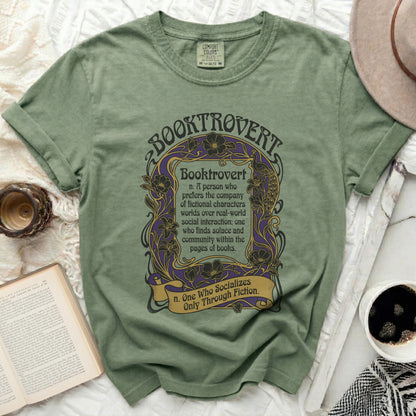 Green t-shirt with "Booktrovert" definition and related illustration.