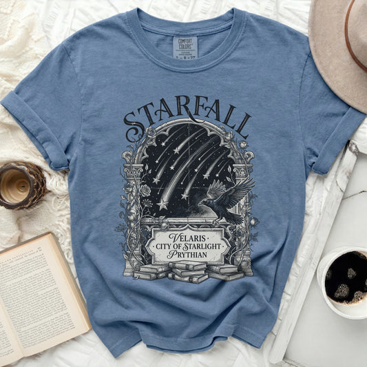 Blue t-shirt with Starfall and Velaris City of Starlight Prythian graphic.