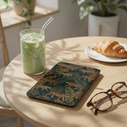 Tablet with jungle animal print, iced drink, croissant, and glasses on a wooden table.