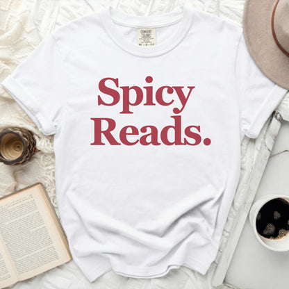 White t-shirt with red text "Spicy Reads."